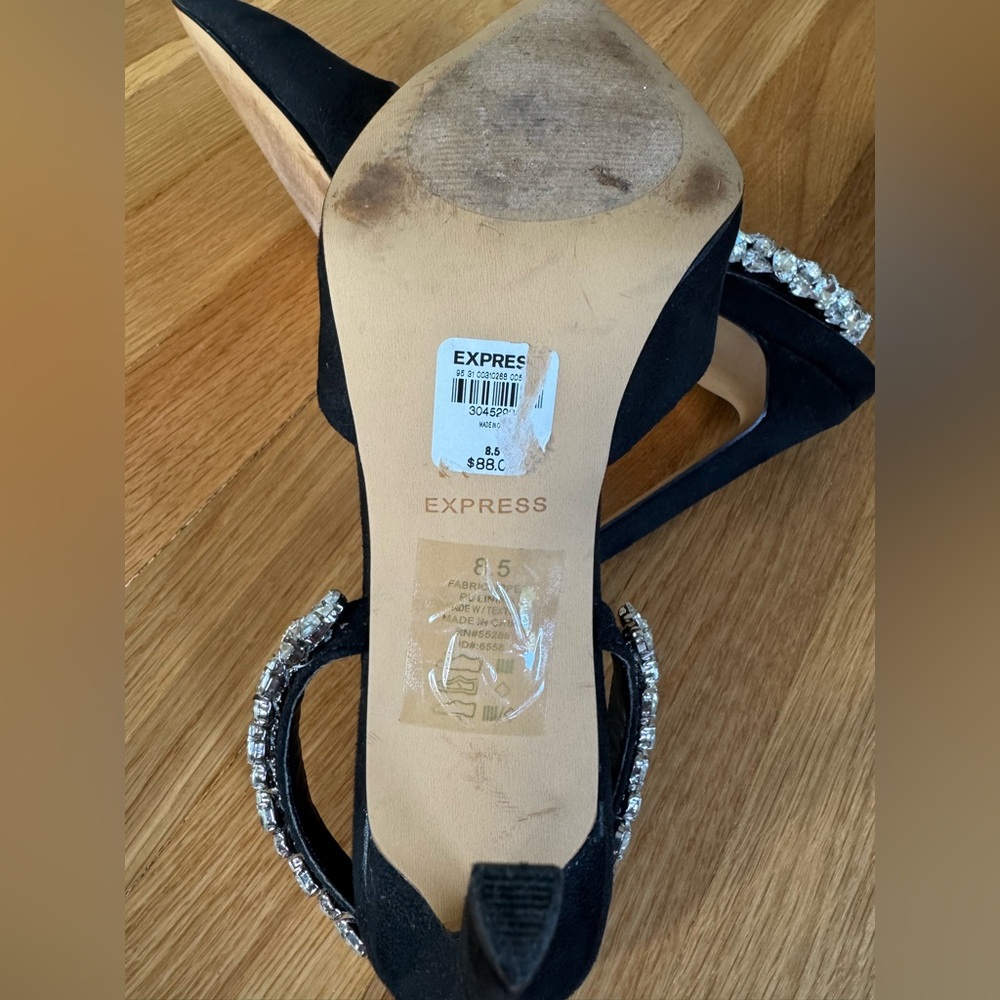 Express Black Suede Pointed Toe Heels with Rhinestone Slingback Strap - Picture 4 of 7
